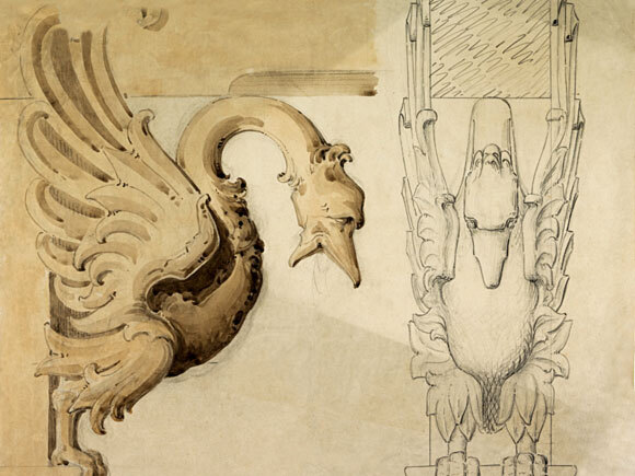 Arkitekt Nebelongs detaljtegning av svanekonsollene i spisesalen. Foto: Jan Haug, Det kongelige hoff 